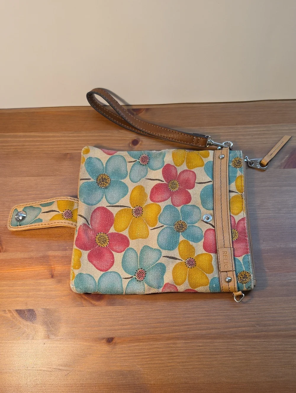 Relic Floral Canvas Wristlet in Yellow, Teal, Coral with Tan Trim - Picture 3 of 7